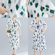 Women green print linen cotton Robes o neck pockets long summer Dress - bagstylebliss