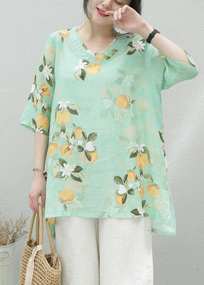 Women green print linen tunic top o neck half sleeve oversized summer shirt - bagstylebliss