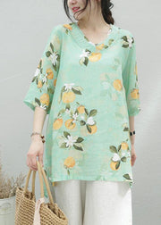 Women green print linen tunic top o neck half sleeve oversized summer shirt - bagstylebliss