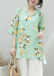 Women green print linen tunic top o neck half sleeve oversized summer shirt - bagstylebliss