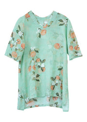 Women green print linen tunic top o neck half sleeve oversized summer shirt - bagstylebliss