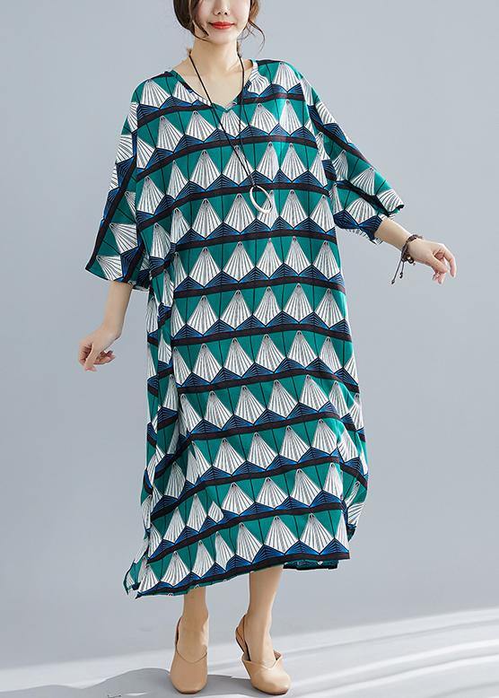 Women green prints cotton Tunic Boho Catwalk bracelet sleeved long summer Dresses - bagstylebliss