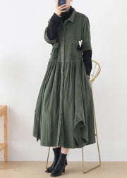 Women green quilting clothes lapel false two pieces A Line Dress - bagstylebliss