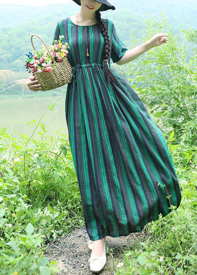 Women green striped cotton Long Shirts drawstring loose summer Dresses - bagstylebliss