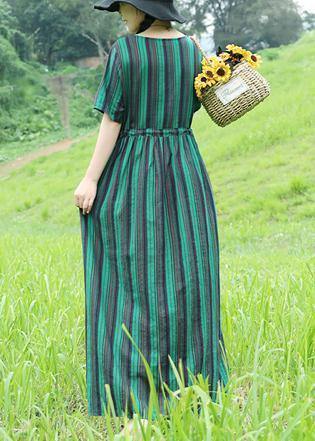 Women green striped cotton Long Shirts drawstring loose summer Dresses - bagstylebliss
