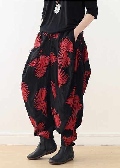 Women harem pants asymmetric cotton pattern plus size Inspiration black red Maxi pants - bagstylebliss
