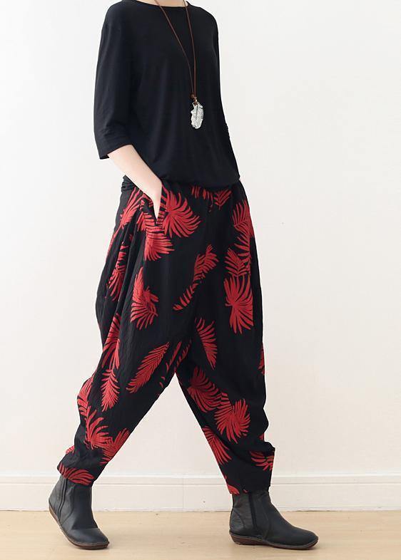 Women harem pants asymmetric cotton pattern plus size Inspiration black red Maxi pants - bagstylebliss