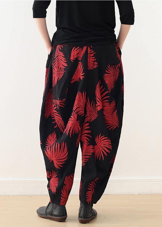 Women harem pants asymmetric cotton pattern plus size Inspiration black red Maxi pants - bagstylebliss