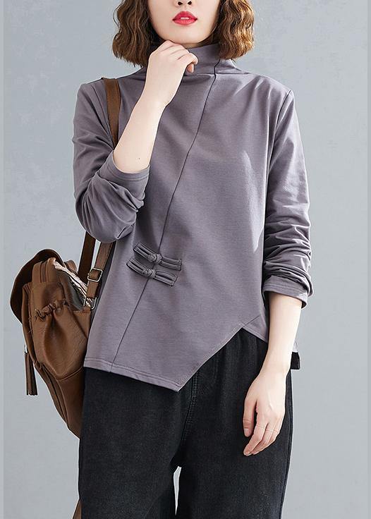 Women high neck Chinese Button clothes Tunic Tops gray blouses - bagstylebliss