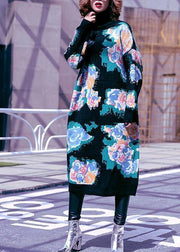 Women high neck Sweater Aesthetic plus size black print Fuzzy knit dress - bagstylebliss