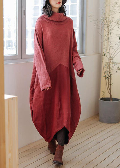Women high neck asymmetric Sweater outfits Street Style red Fuzzy sweater dress - bagstylebliss