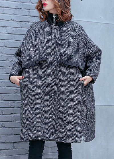 Women high neck pockets fine clothes gray striped Dresses coat - bagstylebliss