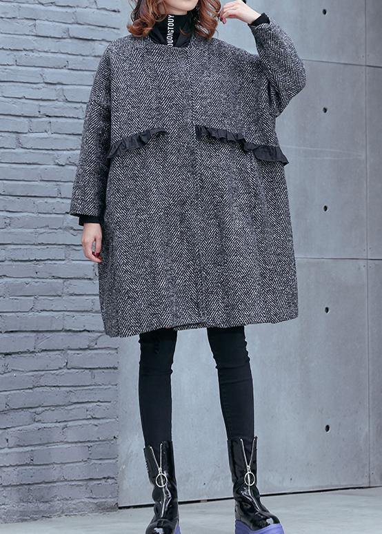 Women high neck pockets fine clothes gray striped Dresses coat - bagstylebliss