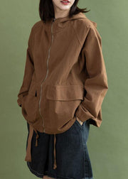 Women hooded Plus Size Long coats chocolate drawstring cotton short jackets fall - bagstylebliss