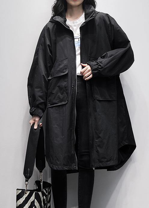 Women hooded Ruffles pockets trench coat black oversized outwear - bagstylebliss