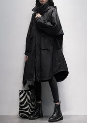 Women hooded Ruffles pockets trench coat black oversized outwear - bagstylebliss