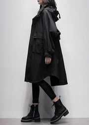 Women hooded Ruffles pockets trench coat black oversized outwear - bagstylebliss