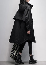Women hooded Ruffles pockets trench coat black oversized outwear - bagstylebliss
