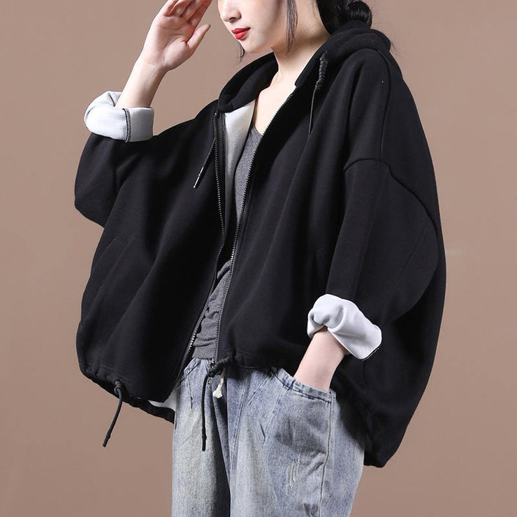 Women hooded drawstring Fine fall coats black loose jackets - bagstylebliss