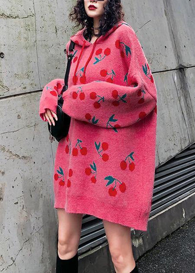 Women hooded drawstring Sweater dresses Street Style pink Cherry print Mujer sweater dress - bagstylebliss