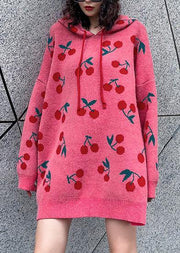 Women hooded drawstring Sweater dresses Street Style pink Cherry print Mujer sweater dress - bagstylebliss