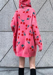 Women hooded drawstring Sweater dresses Street Style pink Cherry print Mujer sweater dress - bagstylebliss