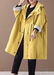 Women hooded drawstring pockets fine clothes For Women yellow loose jackets - bagstylebliss