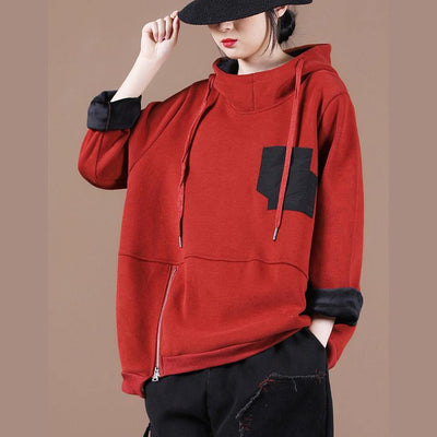 Women hooded patchwork clothes For Women Work Outfits red thick shirt - bagstylebliss