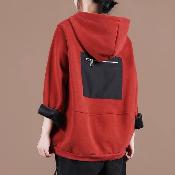 Women hooded patchwork clothes For Women Work Outfits red thick shirt - bagstylebliss