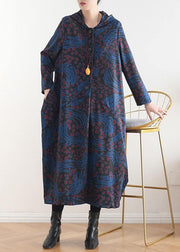 Women hooded patchwork fine coat for woman blue print tunic coats fall - bagstylebliss