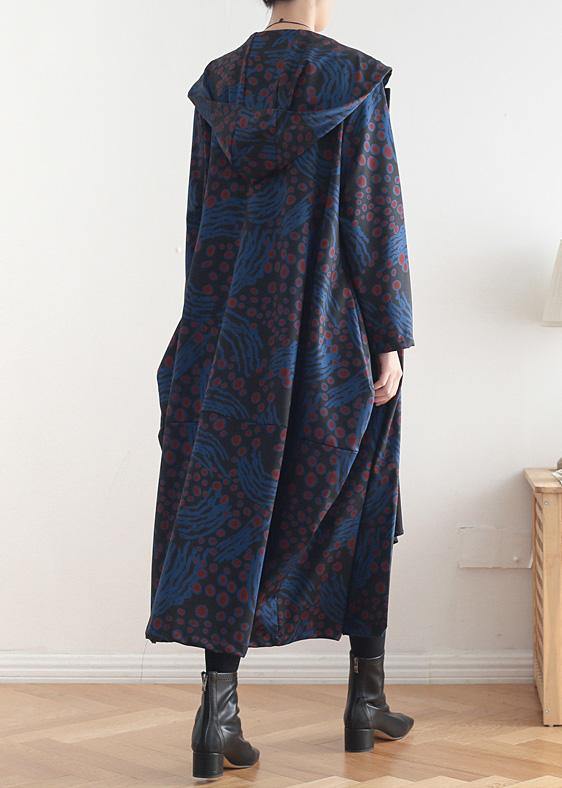 Women hooded patchwork fine coat for woman blue print tunic coats fall - bagstylebliss