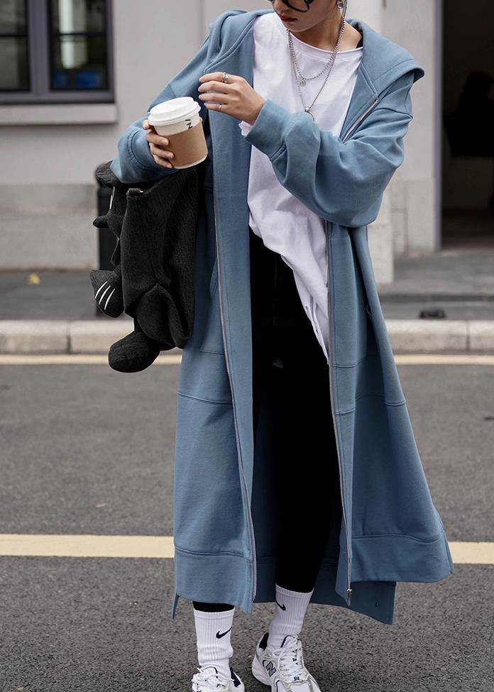 Women hooded side open Fashion Coats blue daily coats - bagstylebliss