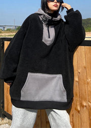 Women hooded zippered spring clothes black fuzzy wool tops - bagstylebliss