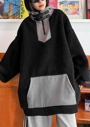 Women hooded zippered spring clothes black fuzzy wool tops - bagstylebliss