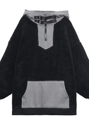 Women hooded zippered spring clothes black fuzzy wool tops - bagstylebliss