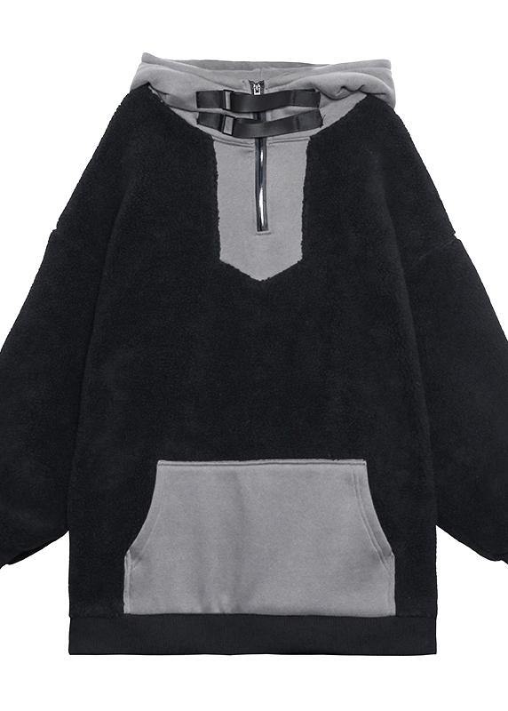 Women hooded zippered spring clothes black fuzzy wool tops - bagstylebliss