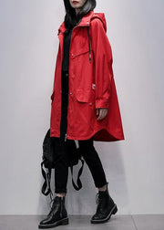 Women hooded zippered  crane coats red Letter Midi outwear - bagstylebliss