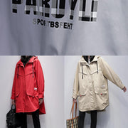 Women hooded zippered  crane coats red Letter Midi outwear - bagstylebliss