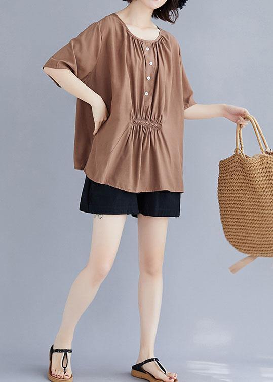 Women khaki cotton clothes o neck half sleeve box summer top - bagstylebliss