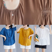 Women khaki cotton clothes o neck half sleeve box summer top - bagstylebliss