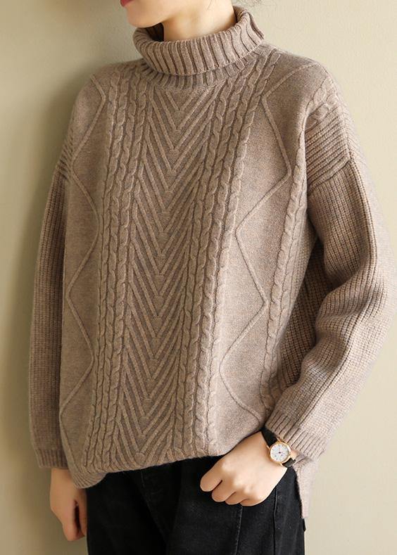 Women khaki knitted top cable trendy plus size high neck sweaters - bagstylebliss