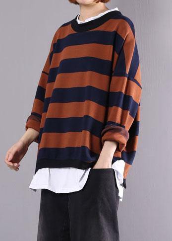 Women khaki striped cotton tunics for women false two pieces daily autumn shirt - bagstylebliss
