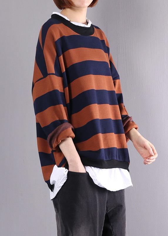 Women khaki striped cotton tunics for women false two pieces daily autumn shirt - bagstylebliss