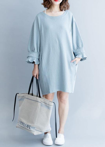 Women lantern sleeve Cotton dress Inspiration light blue Dress fall - bagstylebliss