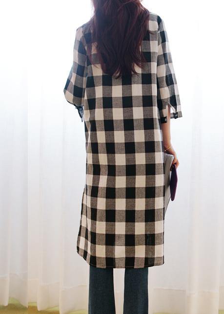 Women lapel Button Down cotton linen Tunics Inspiration plaid Dresses - bagstylebliss