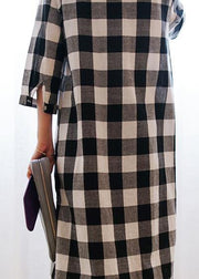 Women lapel Button Down cotton linen Tunics Inspiration plaid Dresses - bagstylebliss