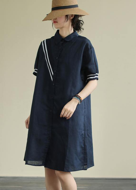 Women lapel Button Down linen summer Robes design navy striped Dresses - bagstylebliss