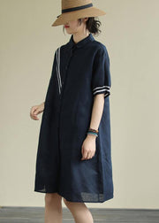 Women lapel Button Down linen summer Robes design navy striped Dresses - bagstylebliss