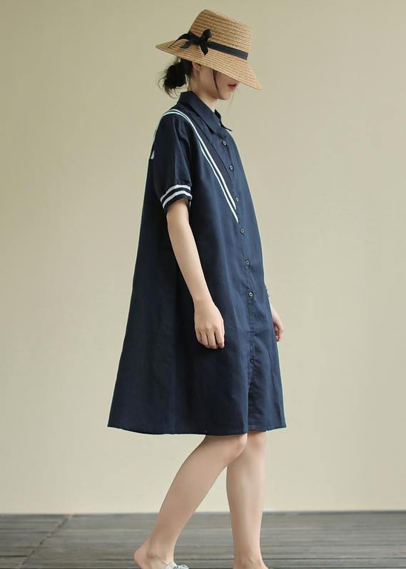 Women lapel Button Down linen summer Robes design navy striped Dresses - bagstylebliss