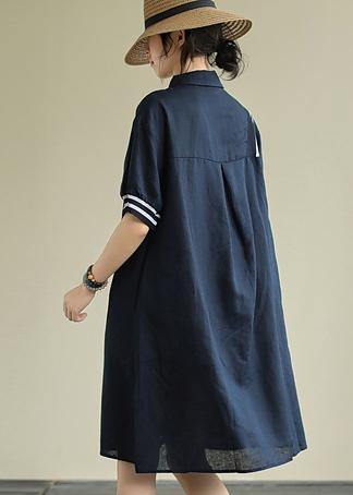 Women lapel Button Down linen summer Robes design navy striped Dresses - bagstylebliss